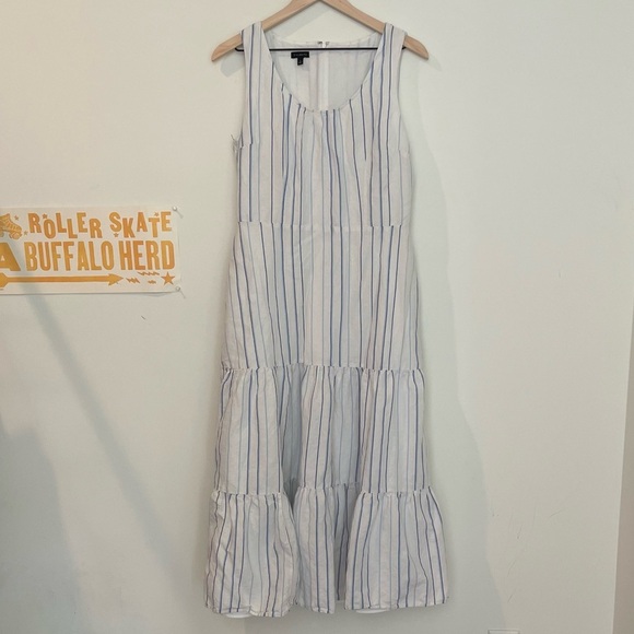 Talbots Tiered Linen Maxi Dress With Light Blue Stripes - Picture 5 of 14